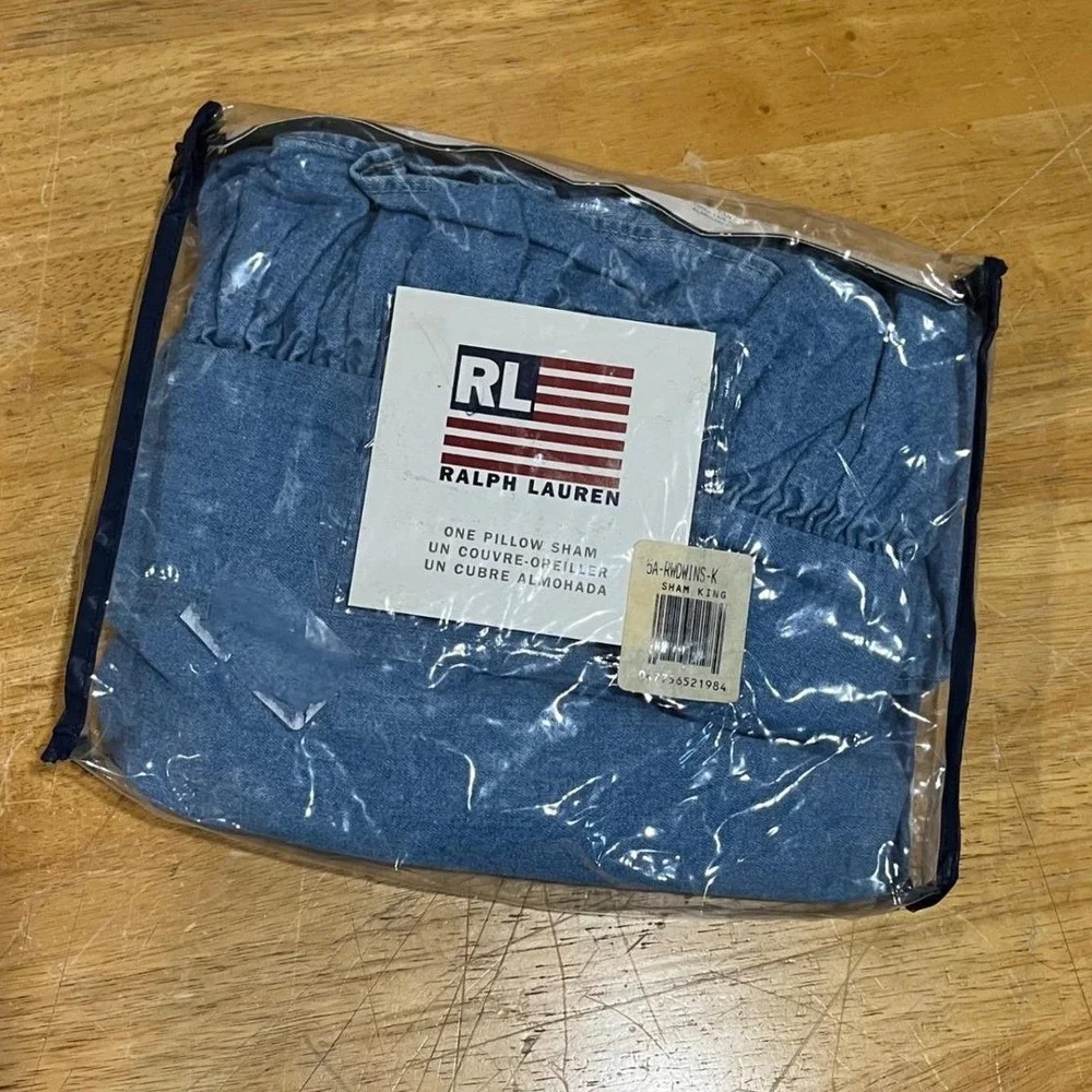 Ralph‎ Lauren Windward Ruffle Denim King Pillow Sham Blue Cotton Made in USA